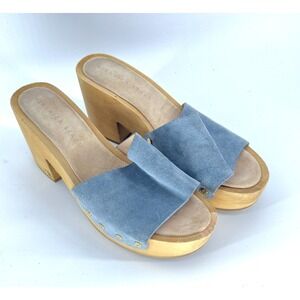 Veronica Beard Hannalee‎ Suede Clogs Women 9 Blue Wood Block Heel Platform Retro